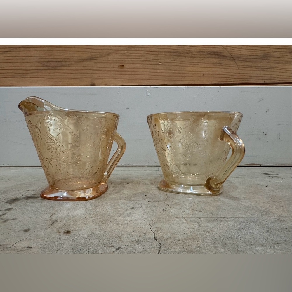 Vintage Pink Depression Glass Creamer & Sugar Bowl Etched Floral 1930s Set